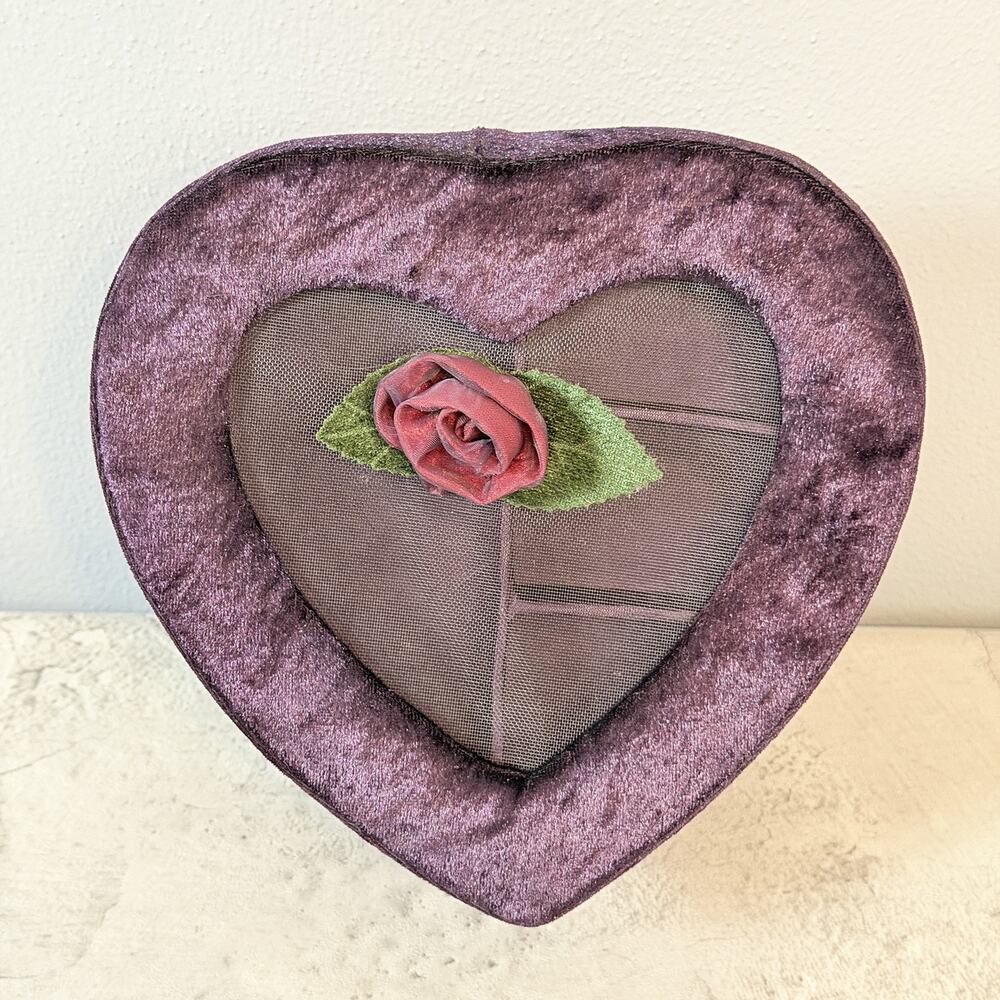 Romantic VTG 1980s 2-Tier 7" Wine-Colored Velvet & Rose Heart-Shaped Jewelry Box